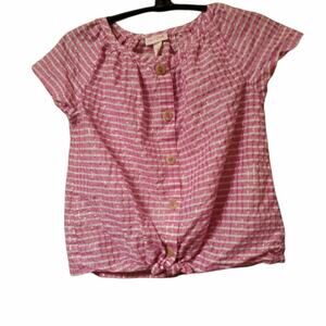 Cat & Jack Short Sleeve Button Up Tie Front Top Sz Med Pink/ with Glitter